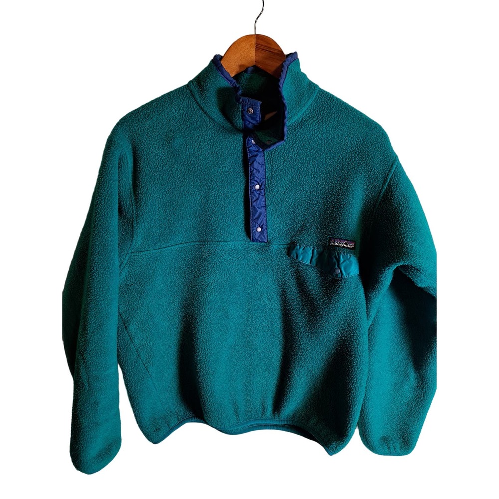 Vintage Patagonia Pop Over Fleece Sweater Med Soft Turquoise Logo Snap Warm Nice